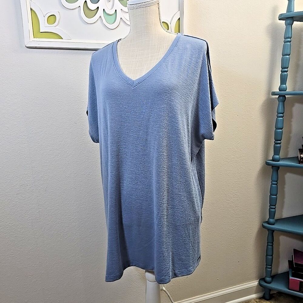 Orvis Women's Size XXL Blue V Neck Cap Sleeve Shirt Tunic Knit Stretch Comfort